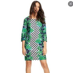 Very flattering Boden Silk Blend Navy and Green Mini Dress 3/4 Sleeve Sz 10